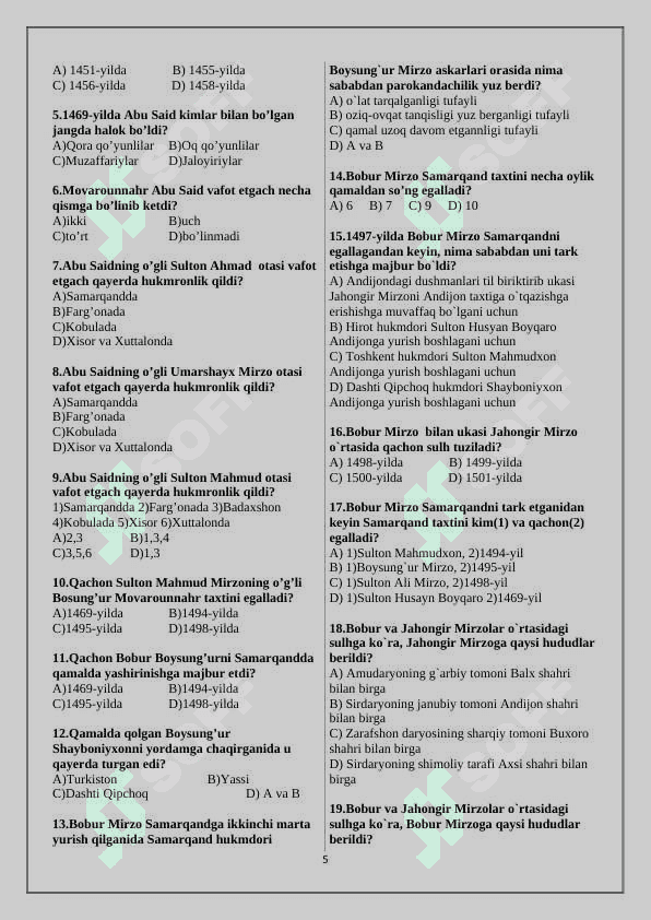 Mavzulashtirilgan testlar to’plami  8-sinf O’zbekiston tarixi bo’yicha    					(2019-yilgi darslik asosida) 5