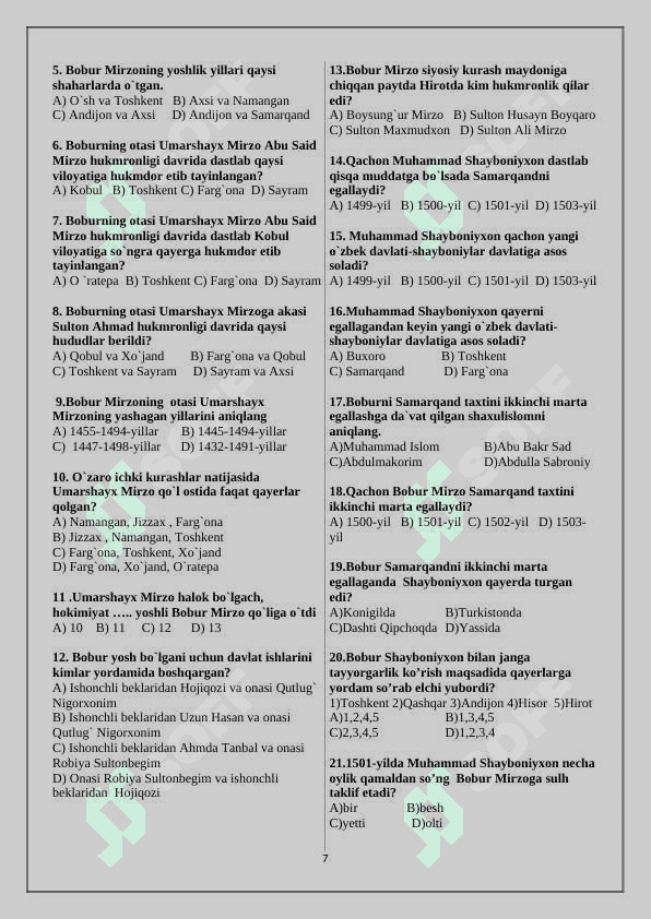 Mavzulashtirilgan testlar to’plami  8-sinf O’zbekiston tarixi bo’yicha    					(2019-yilgi darslik asosida) 7