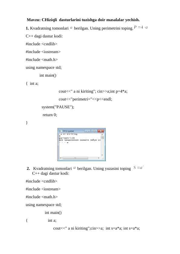C++da CHiziqli  dasturlarni tuzishga doir masalalar yechish.