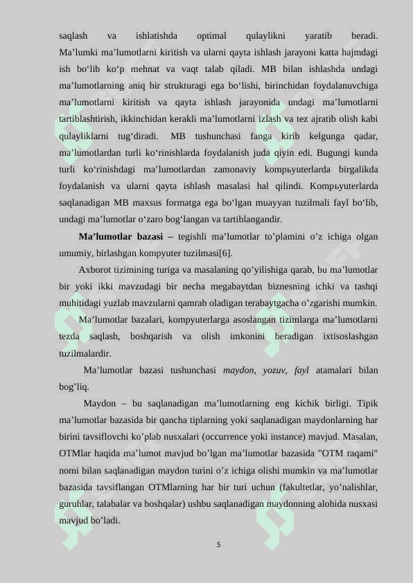 “XTB(XALQ TA’LIM BO’LIMI”) MALUMOTLAR BAZASINI LOYIHALASH 5