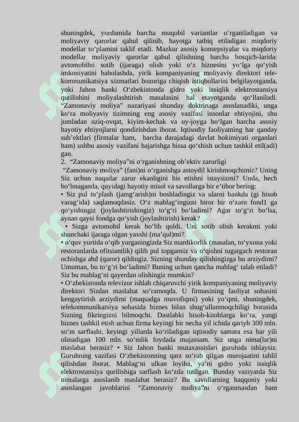 Zamonaviy moliyaning mazmun-mohiyati va uni o‘rganishning obyektiv zarurligi 3