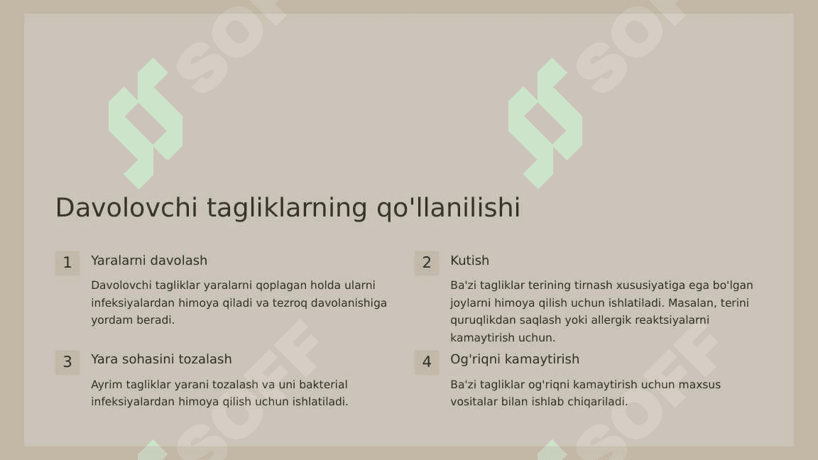 Davolovchi va ajratuvchi tagliklar.  Tarkibi,qo‘llanilishi.Qo‘yish texnikasi. 6