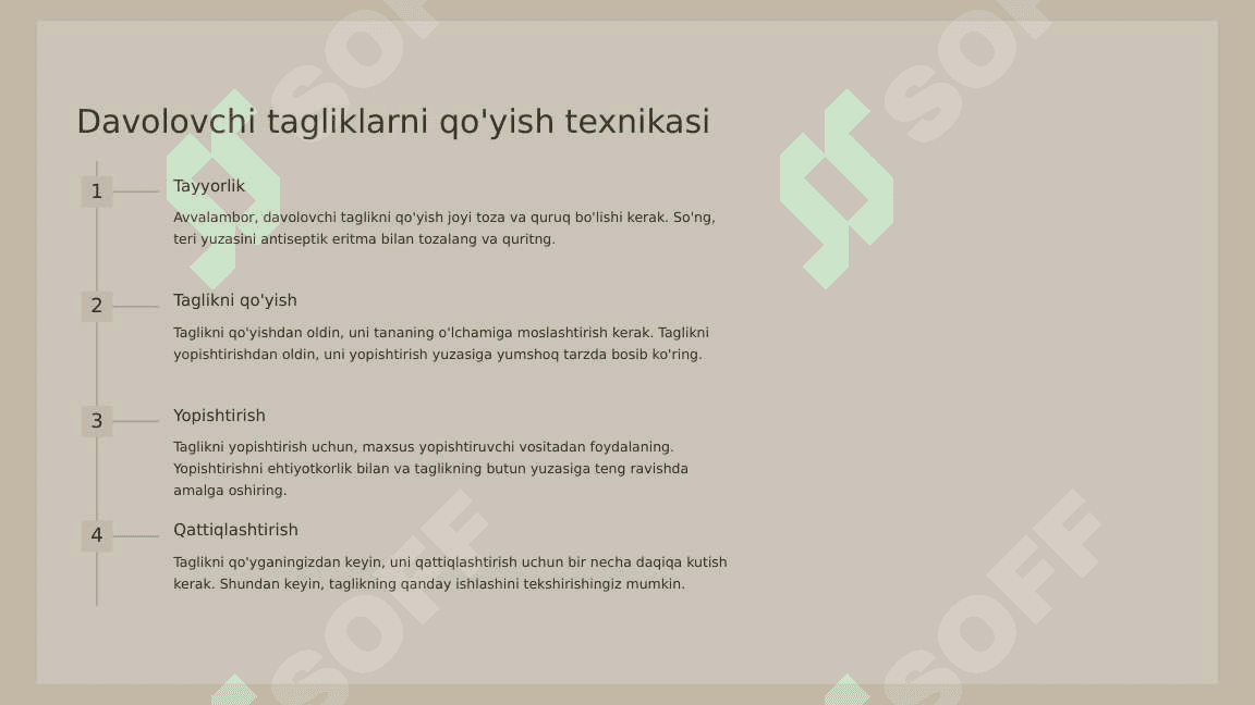 Davolovchi va ajratuvchi tagliklar.  Tarkibi,qo‘llanilishi.Qo‘yish texnikasi. 8