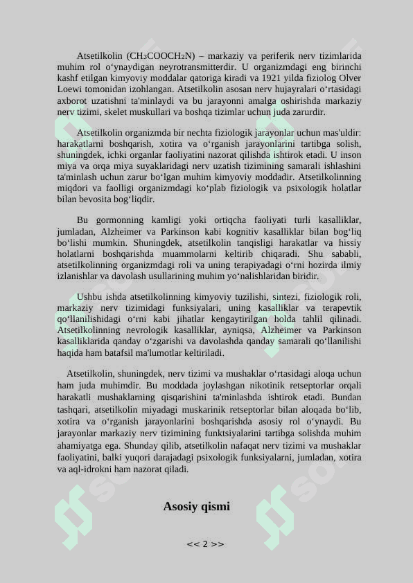 Gormonlar va ularning funksiyasi. Atsetilkolin 2