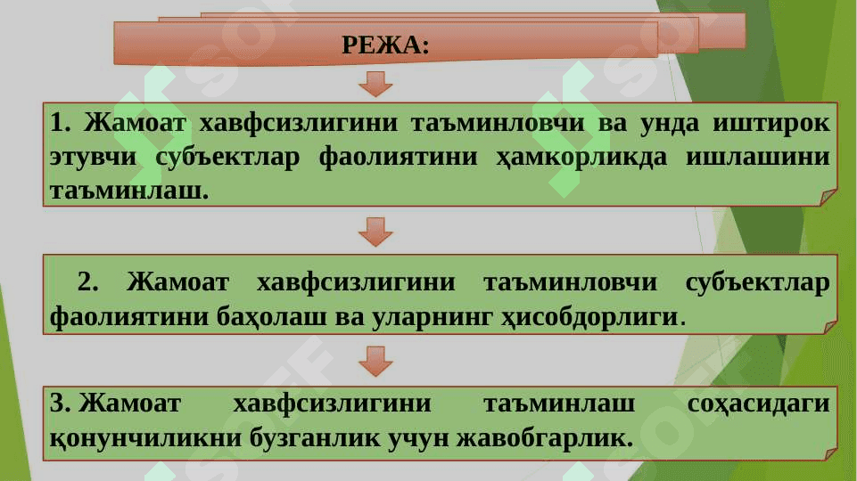 ЖАМОАТ ХАВФСИЗЛИГИНИ ТАЪМИНЛОВЧИ ВА УНДА ИШТИРОК ЭТУВЧИ СУБЪЕКТЛАР ФАОЛИЯТИНИ ҲАМКОРЛИКДА ИШЛАШИНИ ТАЪМИНЛАШ. ЖАМОАТ ХАВФСИЗЛИГИНИ ТАЪМИНЛОВЧИ СУБЪЕКТЛАР ФАОЛИЯТИНИ БАҲОЛАШ ВА УЛАРНИНГ ҲИСОБДОРЛИГИ. ЖАМОАТ ХАВФСИЗЛИГИНИ ТАЪМИНЛАШ СОҲАСИДАГИ ҚОНУНЧИЛИКНИ БУЗГАНЛИК УЧУН ЖАВОБГАРЛИК. 2