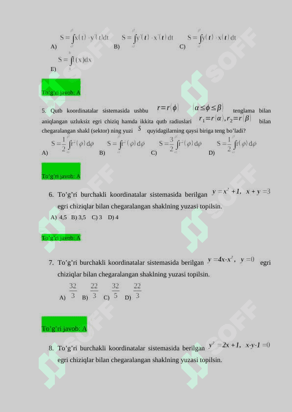 Matematik analiz fanidan yakuniy testlari javoblari bilan 2