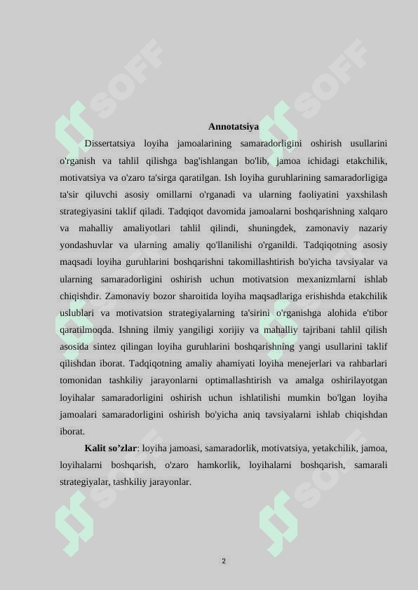 LOYIHA JAMOASINI SAMARADORLIGINI TA’MINLASH MASALALARI 2