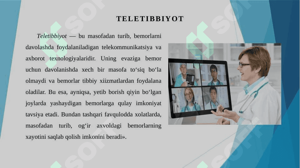 Teletibbiyot. Teletibbiyot tizimlari. Teletibbiyot masofadan turib, bemorlarni davolashda foydalaniladigan telekommunikatsiya va axborot texnologiyalari 3