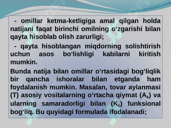 Tahlil jarayonida  qo‘llaniladigan qayta hisoblash usuli, uning mohiyati va o‘ziga hususiyati va amalga oshirish uslubiyoti. 4