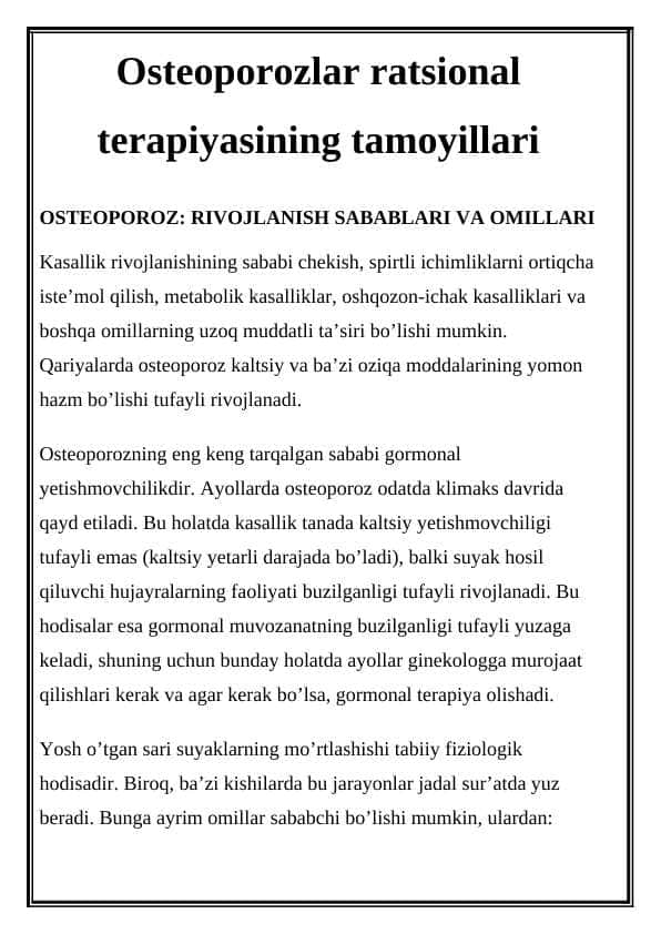 Osteoporozlar ratsional terapiyasining tamoyillari