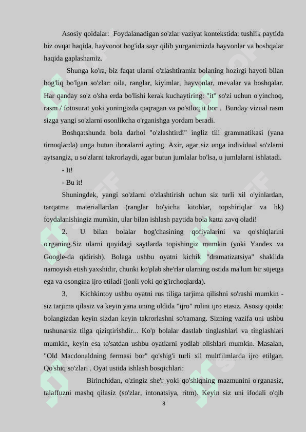 Ilk maktab yoshidagi bolalarning  ingliz tilidan so’z boyligini oshirish metodikasi 8