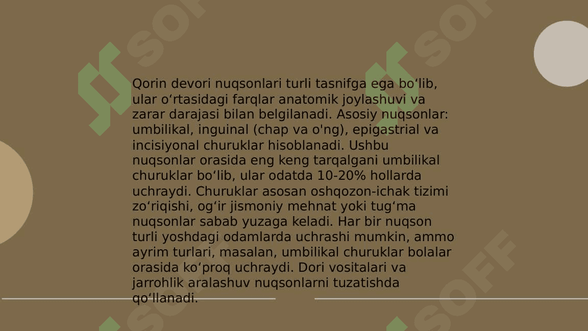 Qorin devori tugʻma nuqsonlari jarrohlik anatomiyasi. Qorin devori rivojlanish nuqsonlarida operatsiyalar 4