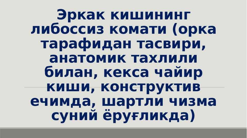 Эркак кишининг либоссиз комати (орка тарафидан тасвири, анатомик тахлили билан, кекса чайир киши, конструктив ечимда, шартли чизма суний ёруғликда)