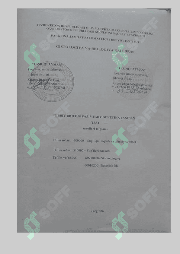 Tibbiy biologiya fanidan yakuniy testlari javoblari bilan 2