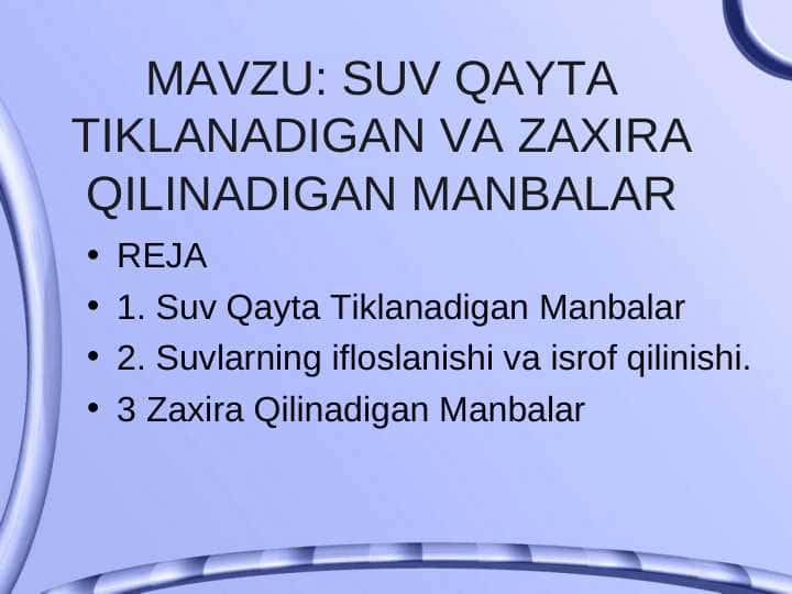 SUV QAYTA TIKLANADIGAN VA ZAXIRA QILINADIGAN MANBALAR