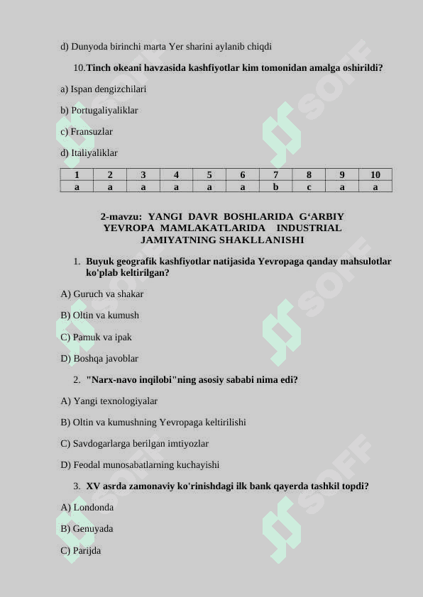 8-sinf Jahon tarixi mavzulashtirilgan testlar.test 3