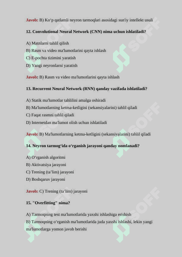 Neyron tarmoqlar boʻyicha 30 ta test savollari javoblari bilan 4