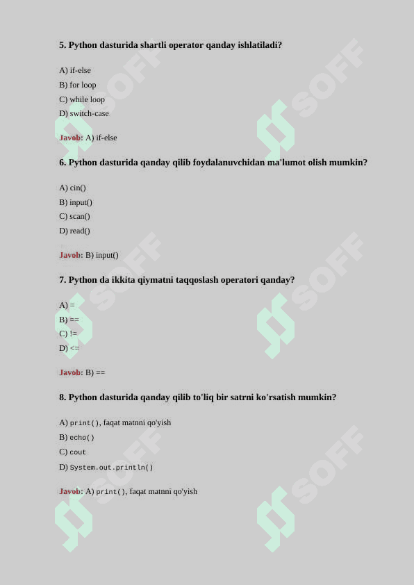 Python dasturlash boʻyicha 30 ta test savollari javoblari bilan 2