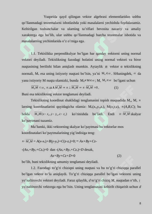 Tekislik va to’g’ri chiziqning vektor va koordinat shaklidagi tenglamalari 8
