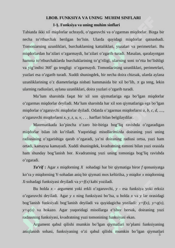 Funksiya va uning muhim sinflarini o’qitish metodikasi 5
