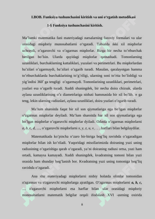 Funksiyalar va uning xossalari mavzusini o’qitish metodikasi 8