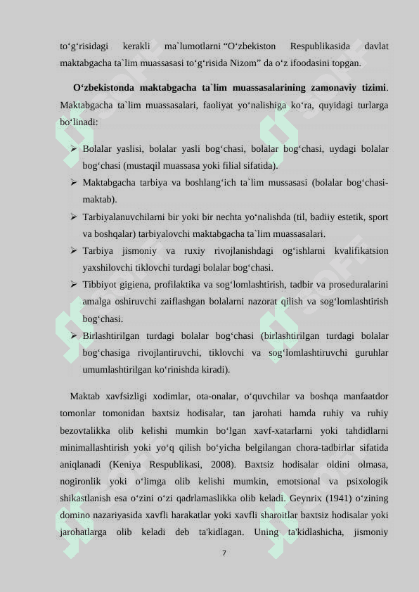 MAKTABGACHA TA’LIM MUASSASALARIDA BOLALAR HAYOTI VA XAVFSIZLIGINI MUXOFAZA QILISH 8