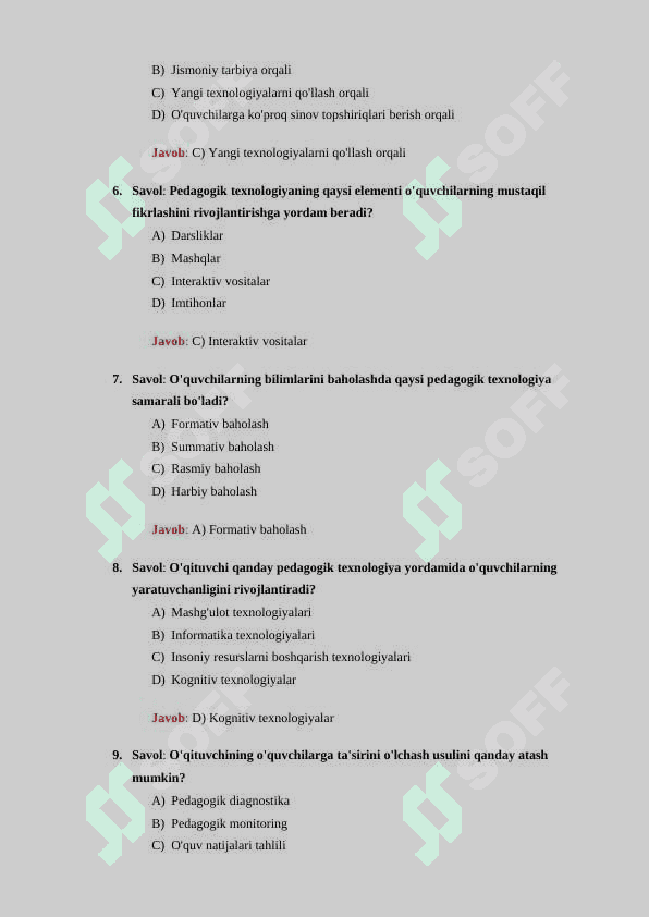 Pedtexnologiya boʻyicha 30 ta test savollari javoblari bilan 2