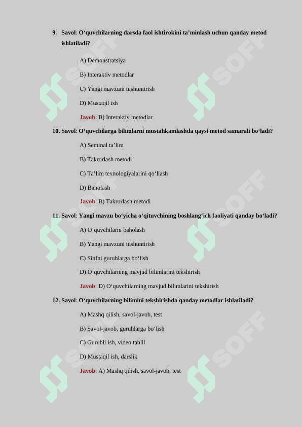 Dars oʻtish metodikasi boʻyicha 30 ta test savollari javoblari bilan 3