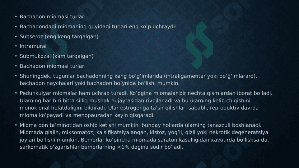 Bachadon miomasi. Endometrioz. Etiopatogenezi, tasnifi, klinikasi, tashxislash, davolash tamoyillari 4