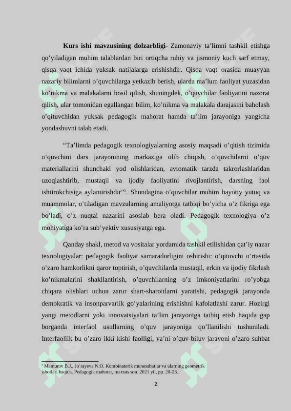 ARIFMETIK VA GEOMETRIK PROGRESSIYANI O'QITISH METODIKASI KURS ISHI 2