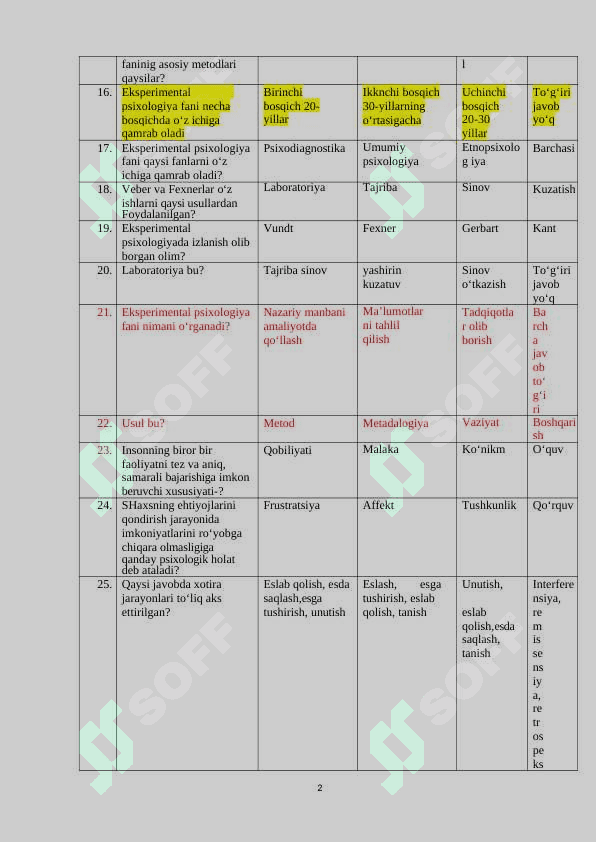 EKSPREMENTAL PSIXOLOGIYA FANIDAN TEST SAVOLLARI 2