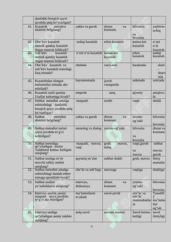 EKSPREMENTAL PSIXOLOGIYA FANIDAN TEST SAVOLLARI 5