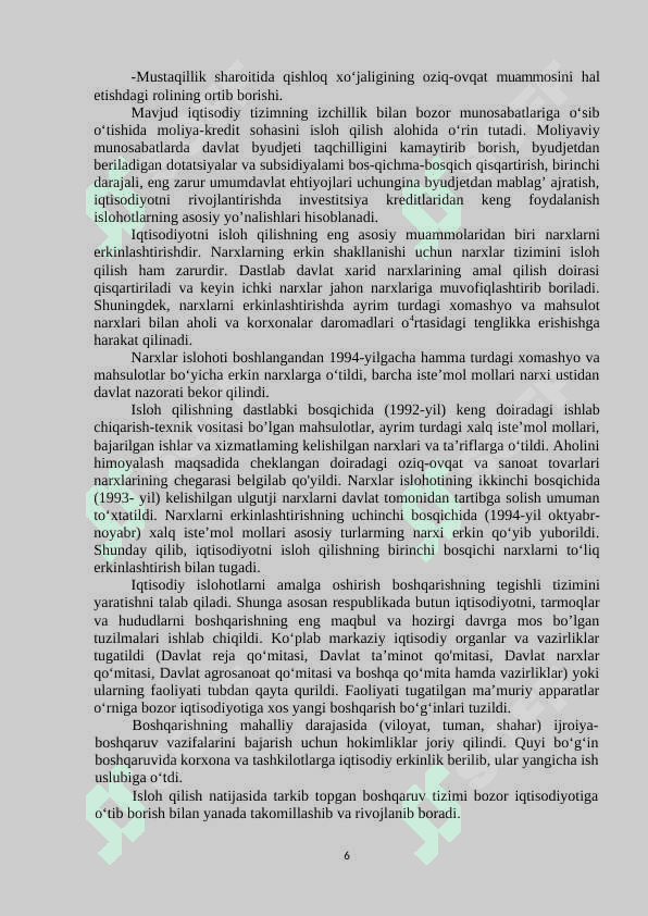 Bozor islohotlari mohiyati va o'tish davrdagi o'ziga xos xususiyatlari. 6