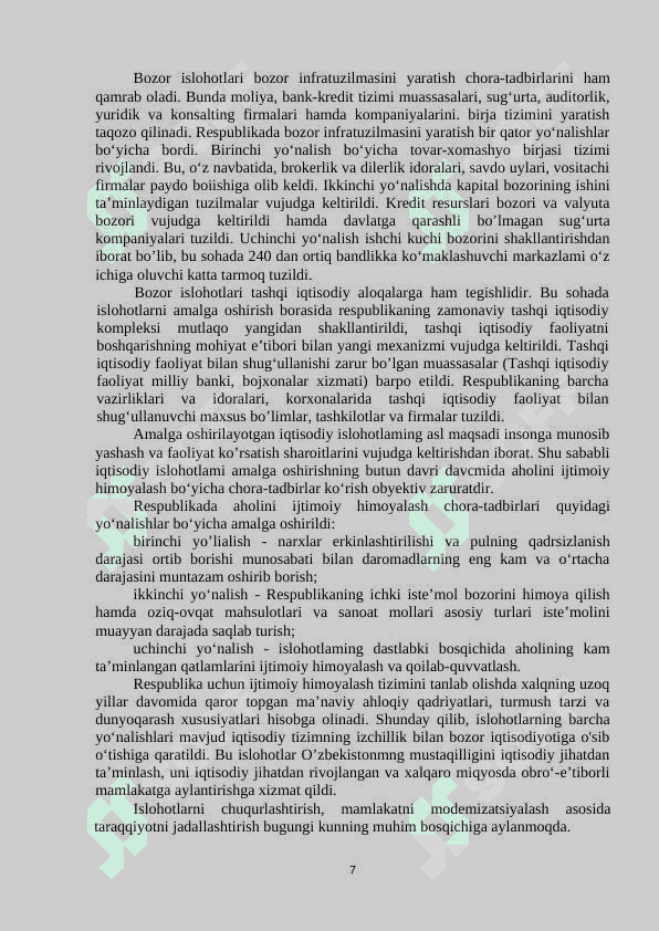 Bozor islohotlari mohiyati va o'tish davrdagi o'ziga xos xususiyatlari. 7