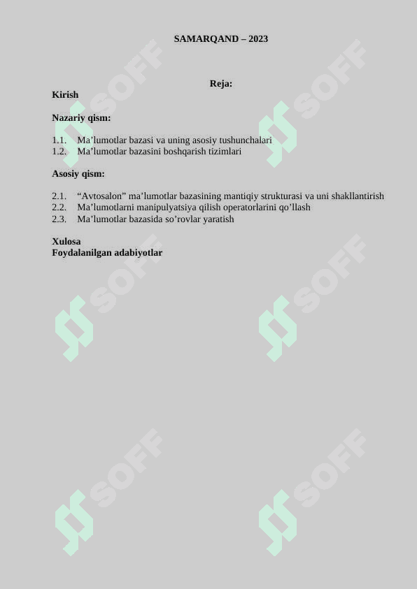 Avtosalon ma’lumotlar bazasini loyihalashtirish va ishlab chiqish 2
