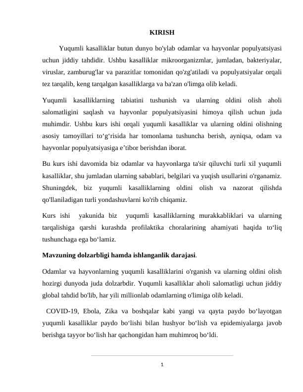 Odamlar va hayvonlarning yuqumli kasalliklar kurs ishi