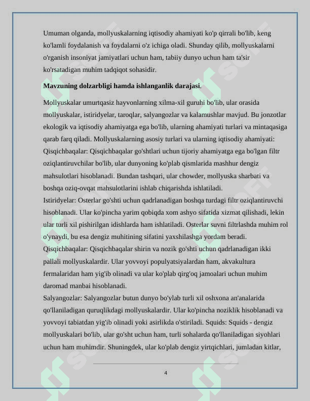 :” OVLANADIGAN MOLLYUSKALAR ,ASOSIY TURLARINING IQTISODIY AHAMIYATI 4