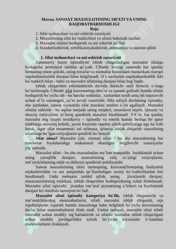 SANOAT MAXSULOTINING SIFATI VA UNING  RAQOBATBARDOSHLIGI 2