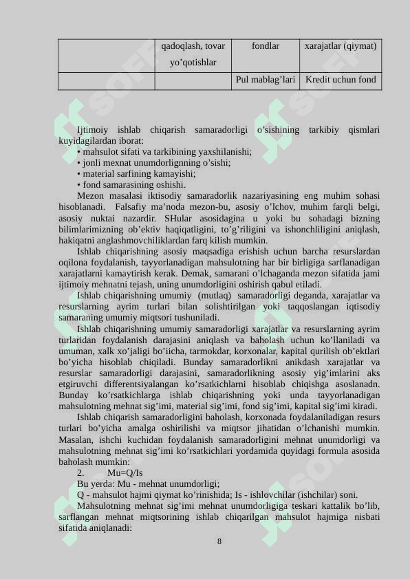 Ishlab chiqarish samaradorligi - korxona faoliyatining  asosiy ko’rsatkichi sifatida 8