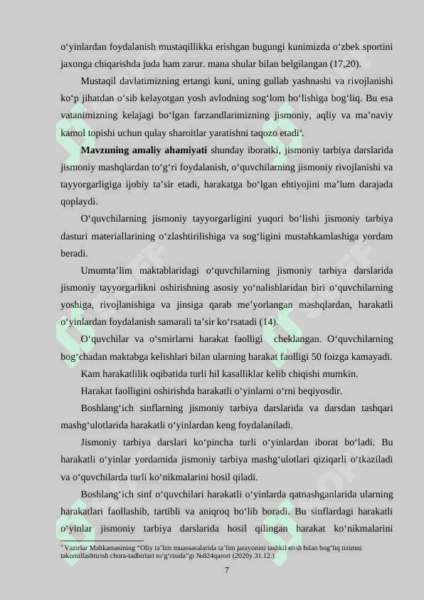 O‘quvchilar jismoniy tayyorgarligini rivojlantirishda  harakatli o‘yinlardan foydalanish usullari bitiruv malakaviy ish 7