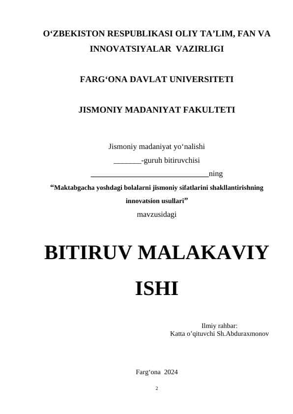 Maktabgacha yoshdagi bolalarni jismoniy sifatlarini shakllantirishning innovatsion usullari bitiruv malakaviy ish BMI