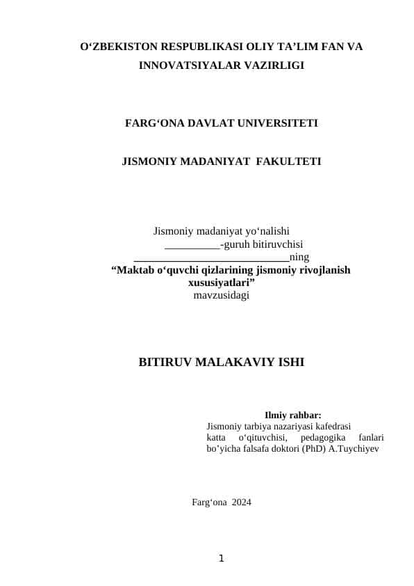 Maktab o‘quvchi qizlarining jismoniy rivojlanish xususiyatlari bitiruv malakaviy ish BMI