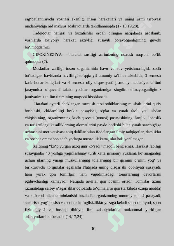 OPTIMAL IHTIYORIY HARAKAT FAOLLIGI, UNING ME’YORLARI VA ULARNI TANLASH BITIRUV MALAKAVIY ISH bmi 8