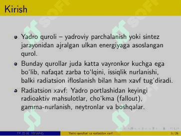 Yadro qurollari va radiatsion xavf. Yadro portlashining radiatsion xavf va uning oqibatlari. Yadro qurolidan himoya qilishning strategiyalari 3