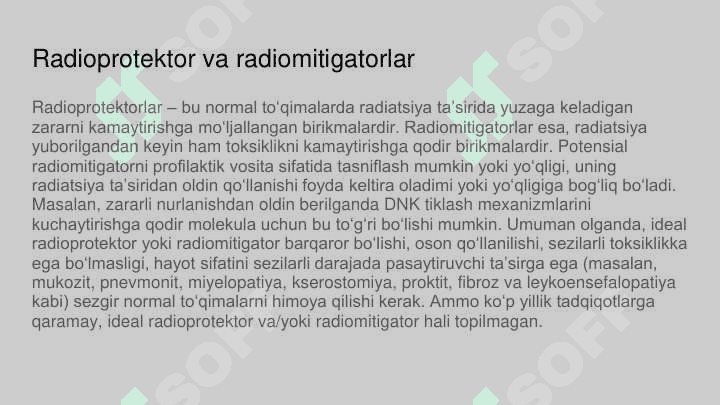 Radiatsiyaga qarshi dorilar va himoya vositalari. Radioprotektorlar va ularning ta’sir mexanizmi. Radiatsiya zararlari uchun davo usullari 6