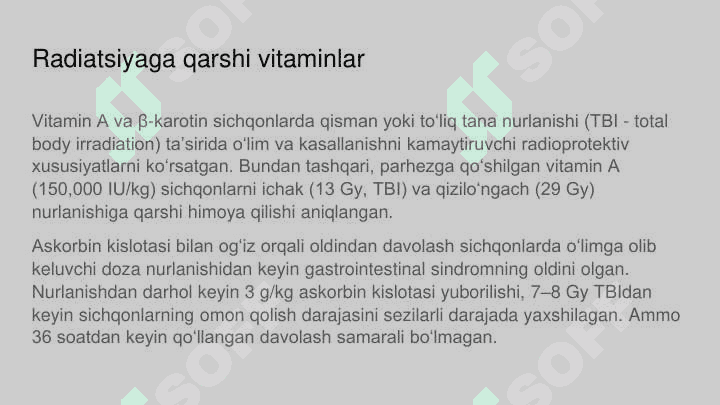 Radiatsiyaga qarshi dorilar va himoya vositalari. Radioprotektorlar va ularning ta’sir mexanizmi. Radiatsiya zararlari uchun davo usullari 7