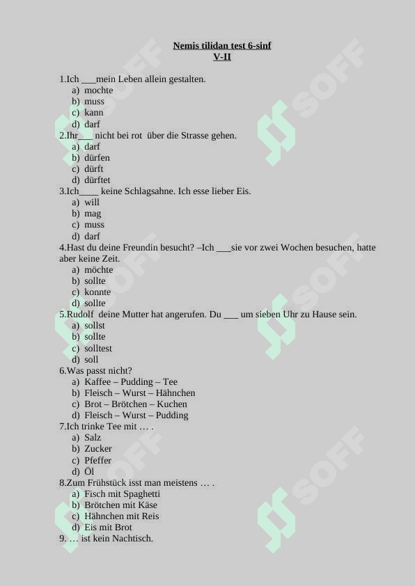 Nemis tilidan test 6-sinf. 50 talik 4