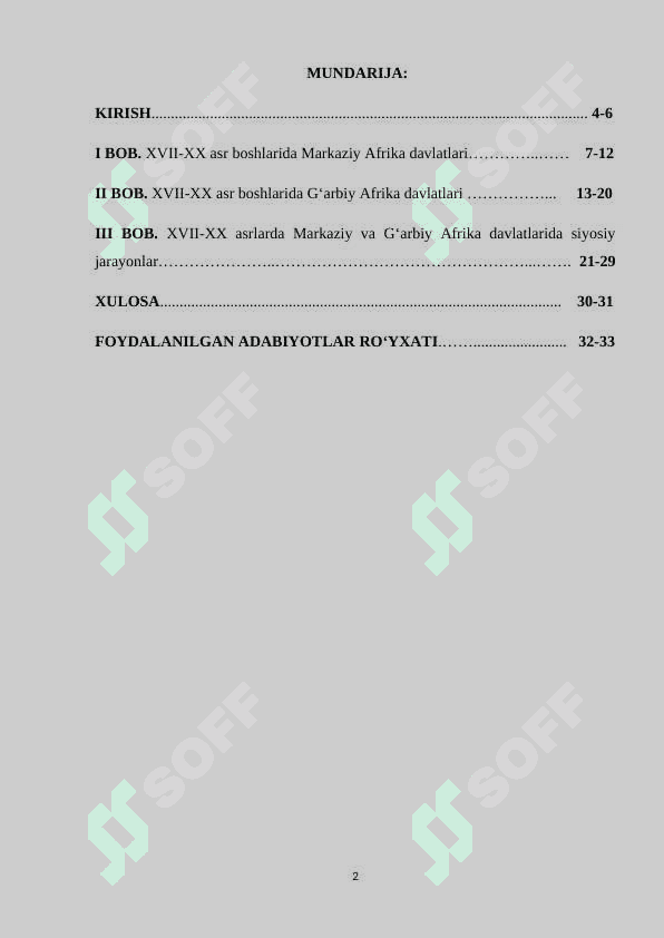 Markaziy va g‘arbiy afrika davlatlari  XVII -XX asr boshlarida 2