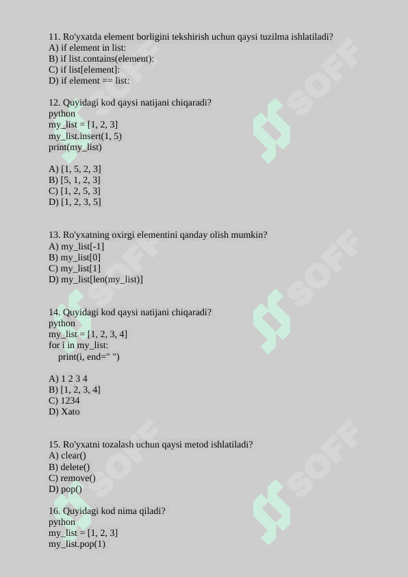 Python dasturlash tilida tuzilgan test 2-qism 3