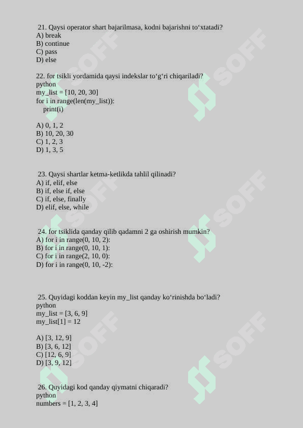 Python dasturlash tilida tuzilgan test 2-qism 5